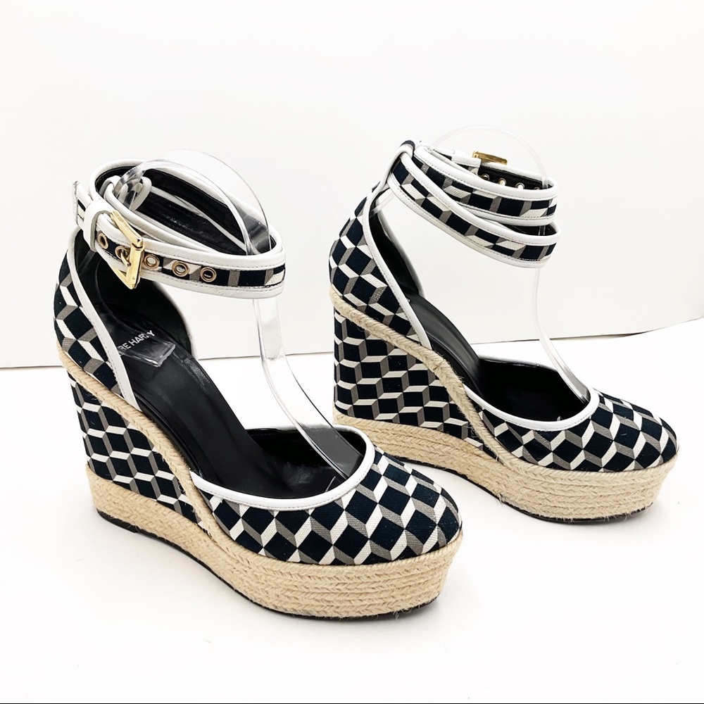 {Pierre Hardy} Canvas & Leather Cubed Print Espadrille Wedges - Picture 16 of 16